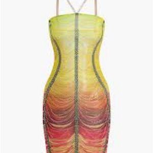 Strapless Ombre Bodycon Dress in Yellow to Pink with Beaded Trim